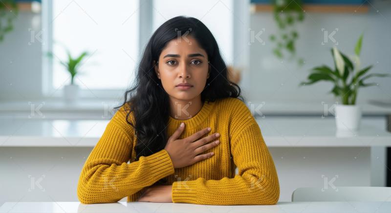 A thoughtful young woman sits indoors, gently holding her hand t