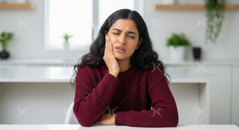 A young woman in a maroon sweater sits with her hand on her chee