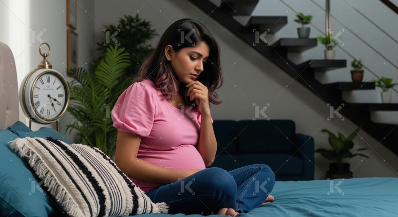 A pregnant woman in a pink shirt and jeans sits pensively on her