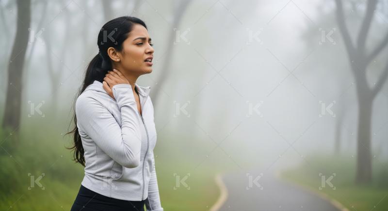 A woman in athletic wear stands on a misty outdoor path, gently