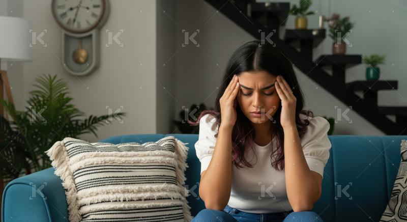 A young woman in casual clothes sits on a sofa, covering her fac