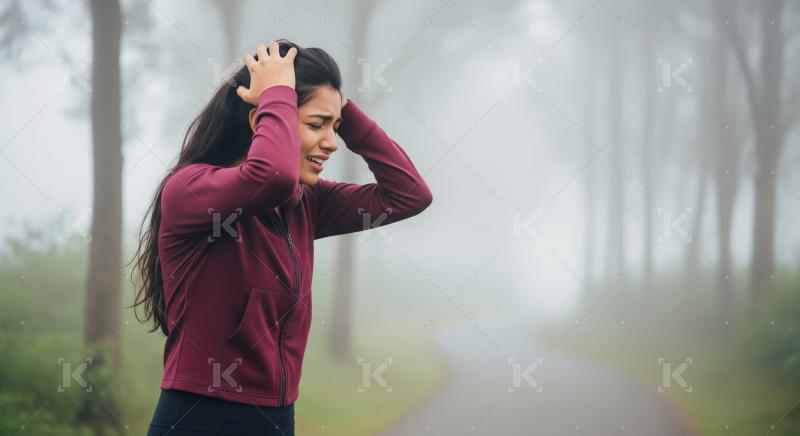 A young woman in a maroon jacket stands outdoors in a foggy fore