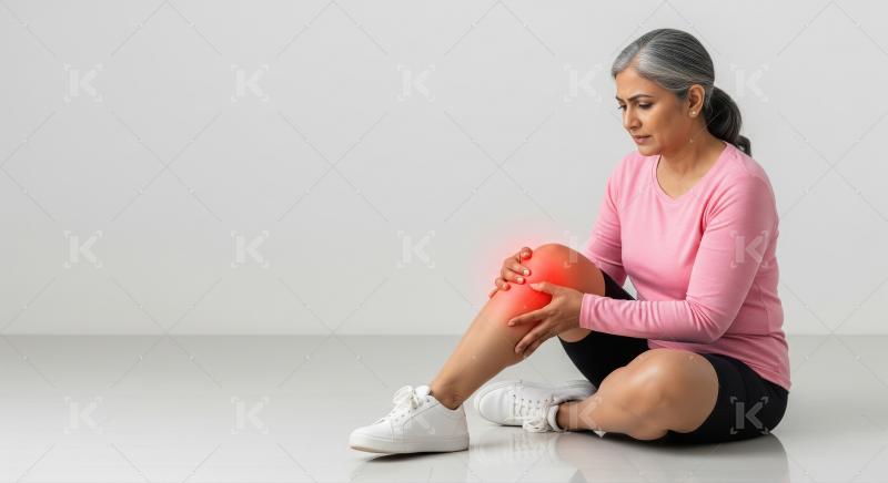 A senior woman holding her sore knee with a look of discomfort,