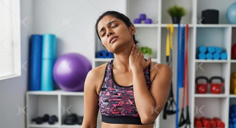 A young woman in a sports bra holds her neck and shoulder in dis