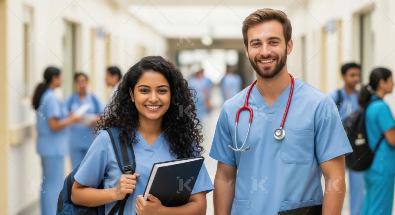 Happy Diverse Medical Students in Hospital Hallway