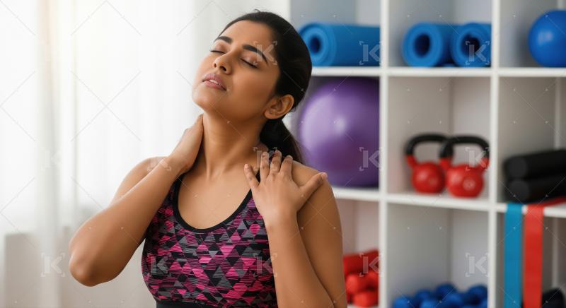 A young woman in a sports bra holds her neck and shoulder in dis