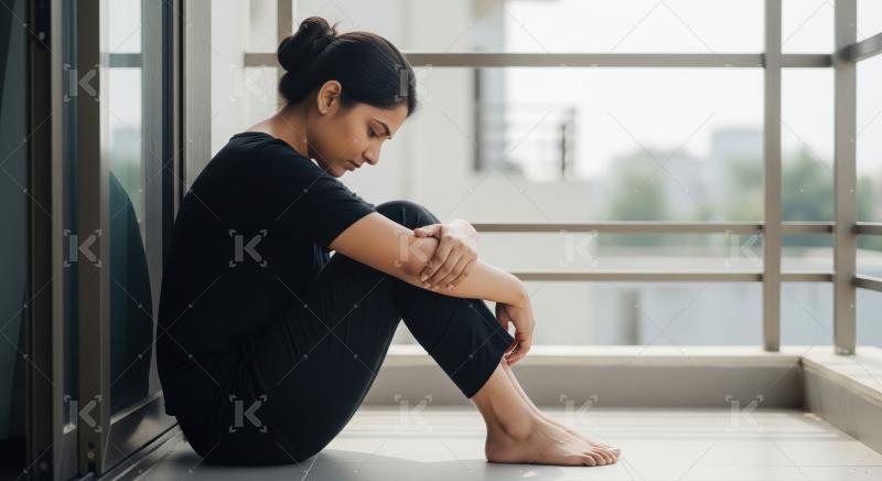 A young woman sits alone on the floor by a large window, appeari