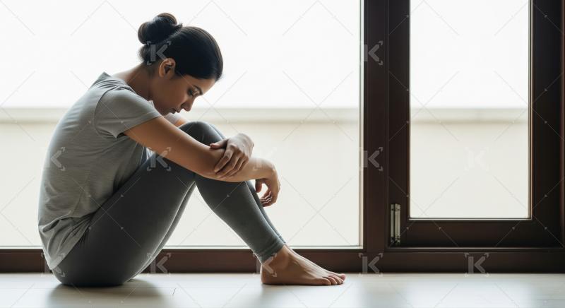 A young woman sits alone on the floor by a large window, appeari