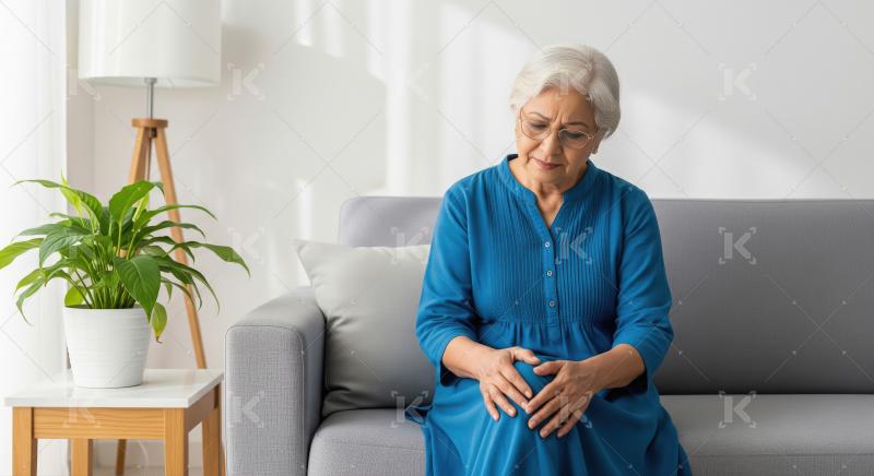 A senior woman holding her sore knee with a look of discomfort,