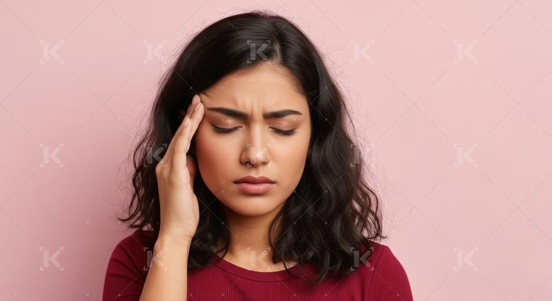 A young woman closes her eyes and presses her hand to her head,