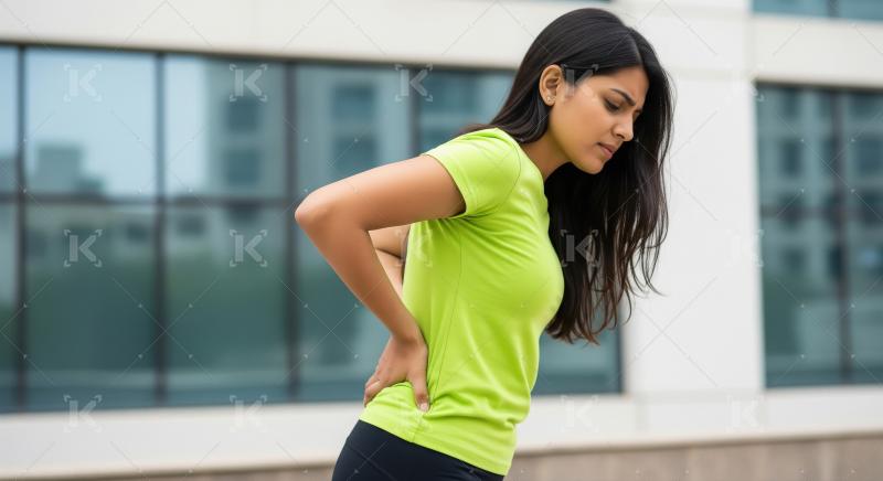 A young woman in a neon green shirt holds her lower back in pain