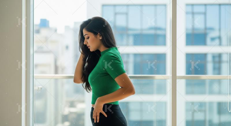 A young woman in a neon green shirt holds her lower back in pain
