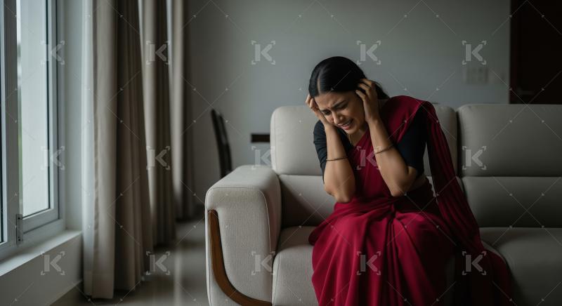 A young woman closes her eyes and presses her hand to her head,