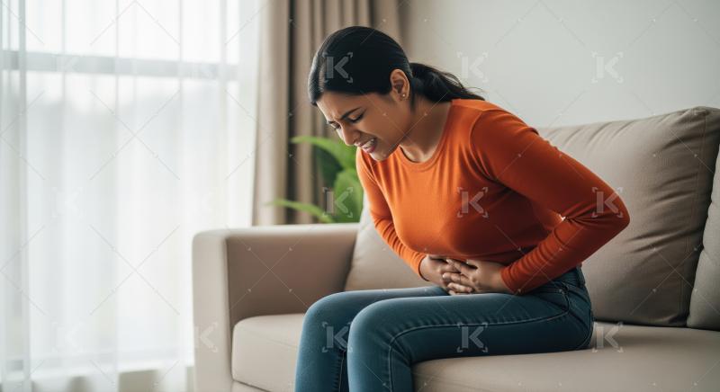 Young woman sits on her bed indoors, gently holding her stomach