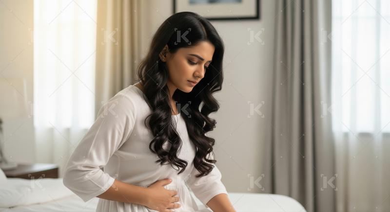 Young woman sits on her bed indoors, gently holding her stomach