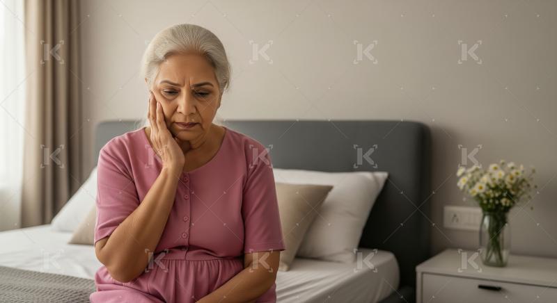 An elderly woman in a pink gown sits on a bed, gently touching h