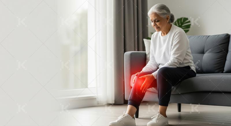 A senior woman holding her sore knee with a look of discomfort,
