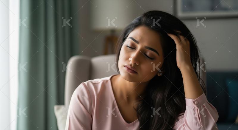 A young woman in casual clothes sits on a sofa, covering her fac
