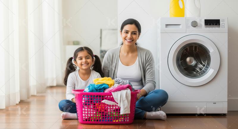 A smiling mother sits beside her daughter with a full laundry ba