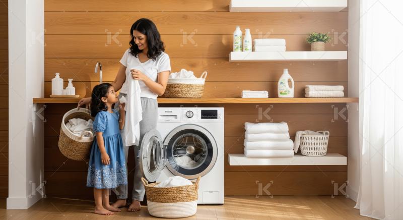A smiling mother sits beside her daughter with a full laundry ba