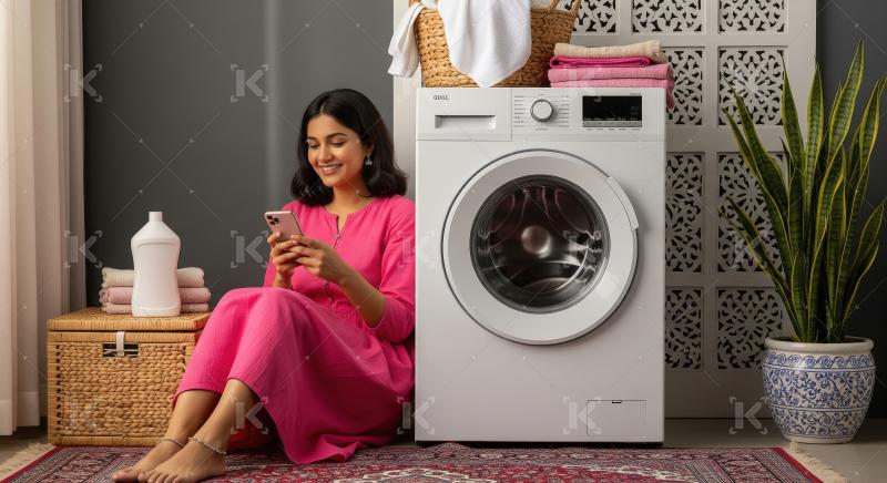A woman sits cross-legged on the floor next to a modern washing