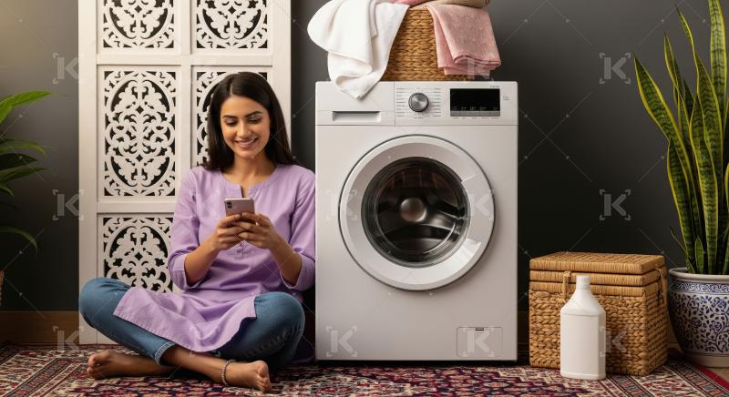 A woman sits cross-legged on the floor next to a modern washing