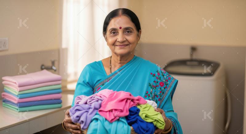 A woman holds a laundry basket filled with assorted clothes, sta