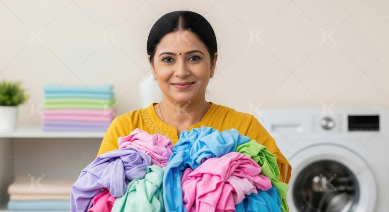 A woman holds a laundry basket filled with assorted clothes, sta