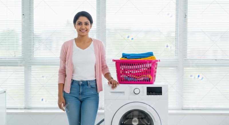 A woman holds a laundry basket filled with assorted clothes, sta
