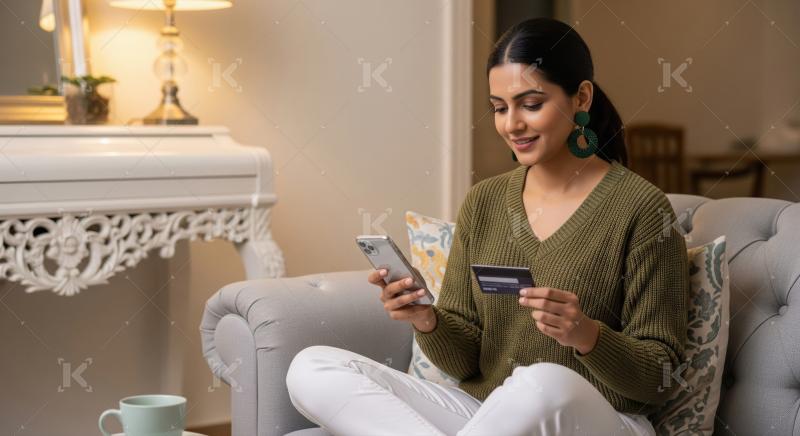 Young Indian woman sits indoors,holding a gold credit card and s