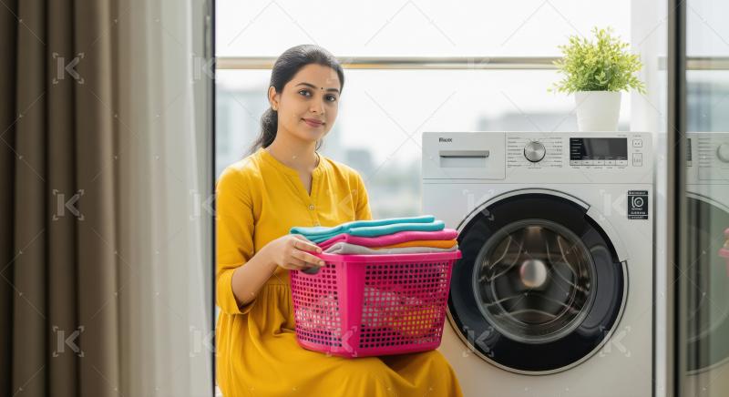 A woman holds a laundry basket filled with assorted clothes, sta