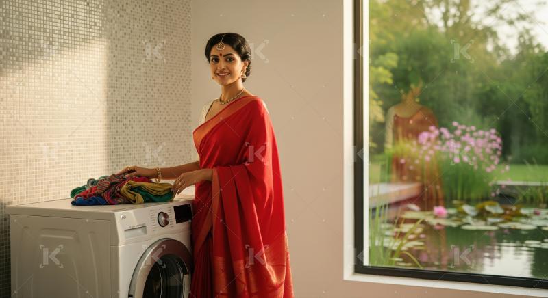 A woman holds a laundry basket filled with assorted clothes, sta