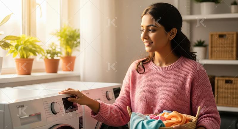 A woman holds a laundry basket filled with assorted clothes, sta