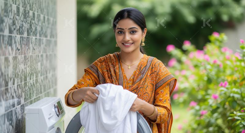 A woman holds a laundry basket filled with assorted clothes, sta