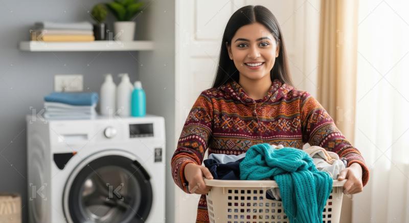 A woman holds a laundry basket filled with assorted clothes, sta