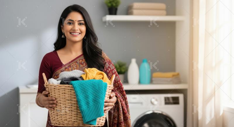 A woman holds a laundry basket filled with assorted clothes, sta