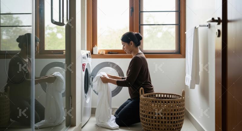 A woman loads laundry into a washing machine in a bright, tidy h