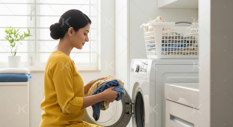 A woman loads laundry into a washing machine in a bright, tidy h