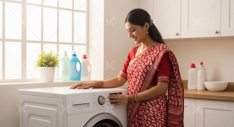 A woman loads laundry into a washing machine in a bright, tidy h