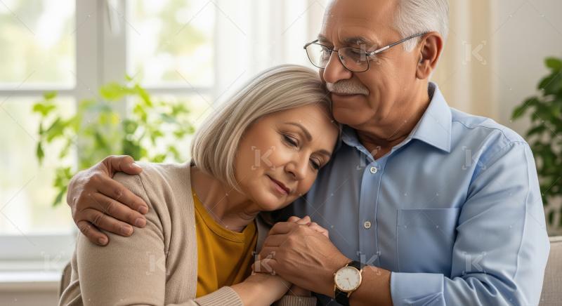 An elderly couple sits together, embracing and comforting each o