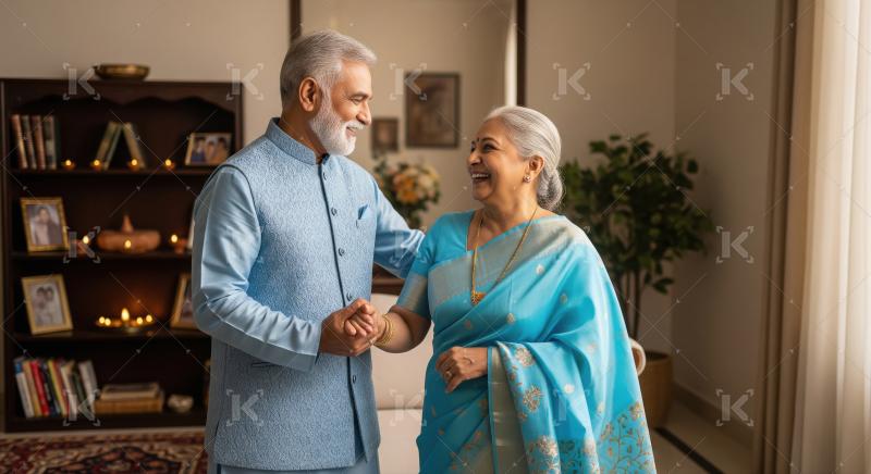 Elderly Indian couple dances gracefully in their living room, dr