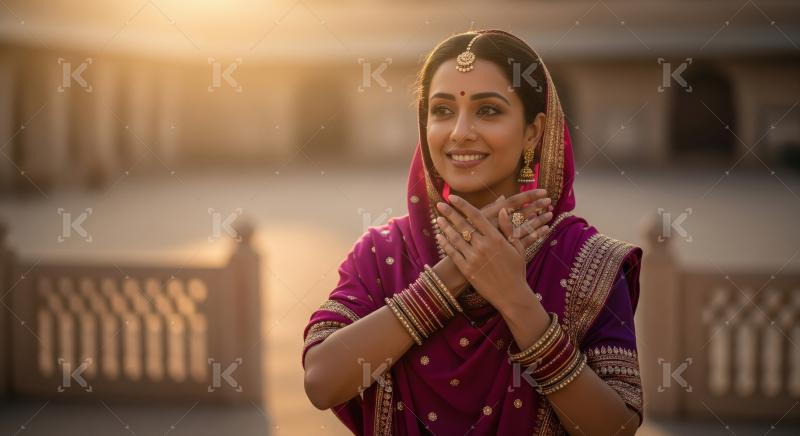 Young Indian woman in traditional jewelry and attire stands outd