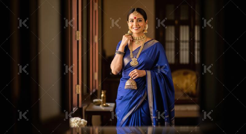 A South Indian bride in a rich blue saree, adorned with elaborat