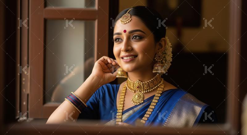 A South Indian bride in a rich blue saree, adorned with elaborat