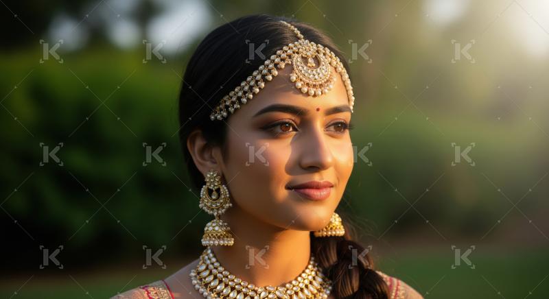 Young Indian woman in traditional jewelry and attire stands outd