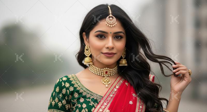 Young Indian woman in traditional jewelry and attire stands outd