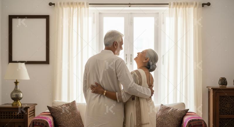 Elderly Indian couple dances gracefully in their living room, dr