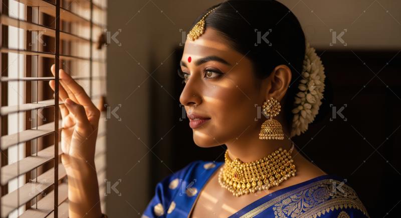 A South Indian bride in a rich blue saree, adorned with elaborat