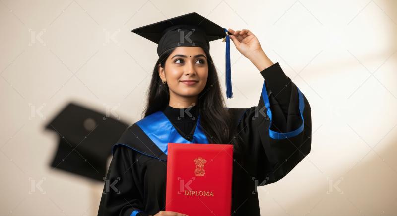 A young woman in a black graduation gown and cap with blue accen