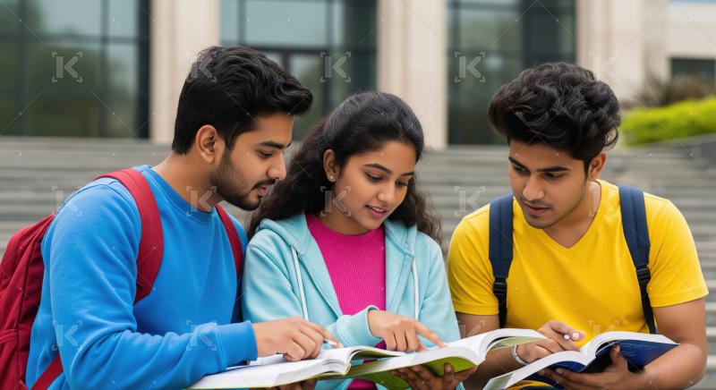 Three college students sit together outside on campus, collabora